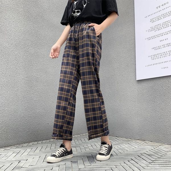 

women's pants & capris woman summer autumn black white plaid vintage wide leg high waist straight ankle-length women