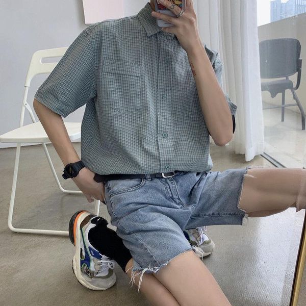 

summer korean plaid shirt men's fashion retro casual shirt men streetwear wild loose short sleeve men dress -xl1, White;black