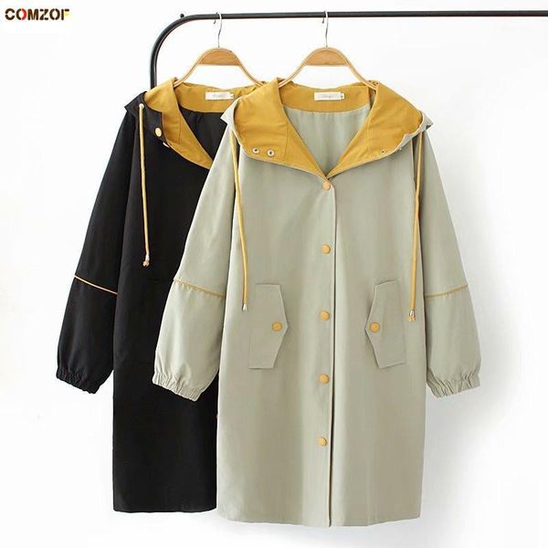 

new arrival women trench coat hooded long sleeve 2019 autumn jackets womens plus size long windbreaker clothing moda mujer1, Tan;black