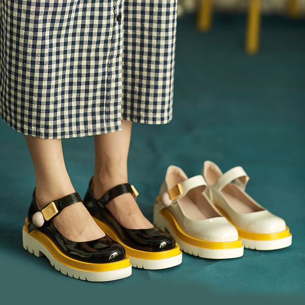 

2021 genuine platform mary janes round toe heels feminine bombs will see colors mixed fashion shoes black white 8yan