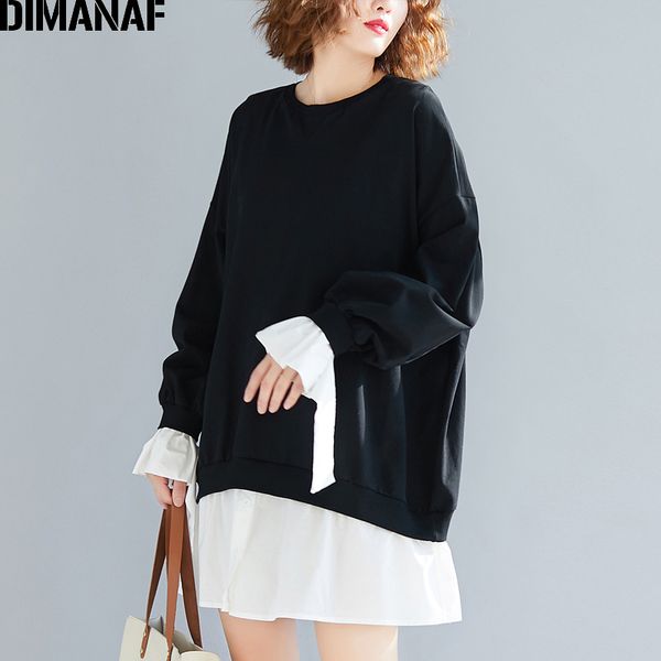 

dimanaf plus size women sweatshirts spring long sleeve lady pullover female loose solid black spliced pleated oversized new lj201102