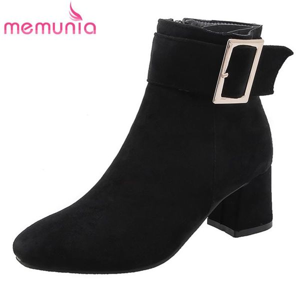 

MEMUNIA 2020 new arrival ankle boots for women buckle zip flock concise high heels dress office shoes ladies autumn winter boots, Black