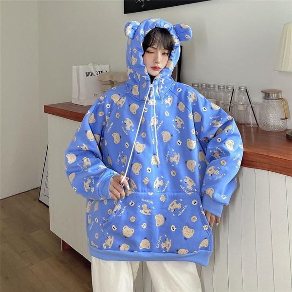 

women's hoodies & sweatshirts deeptown kawaii women winter 2021 fashion print sweatshirt long sleeve pullover loose plus velvet warm, Black
