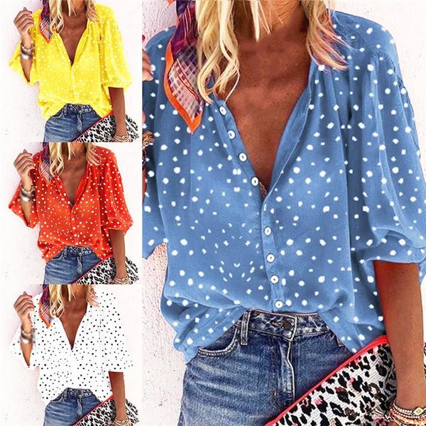 

elegant casual lanterm sleeved shirt women soft printing polka dot famale blouse v-neck roupas feminina plus size, White