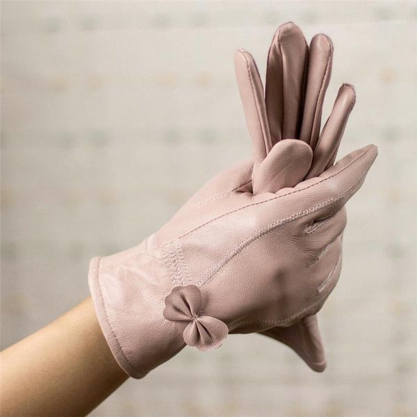 Fünf-Finger-Handschuhe, Leder, Damen, warme Schleife, süßes Auto und Wildleder, Damen, Winter, Damen, Satin, Rosa, Damen1