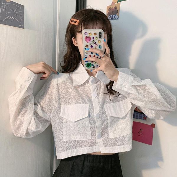 

casual style streetwear summer crop long sleeve sunscreen shirts loose fashion brand women's clothing pockets blouses new1, White
