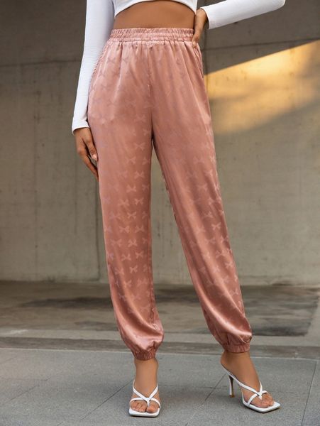 

high waist jacquard satin pants i2m8#, Black;white