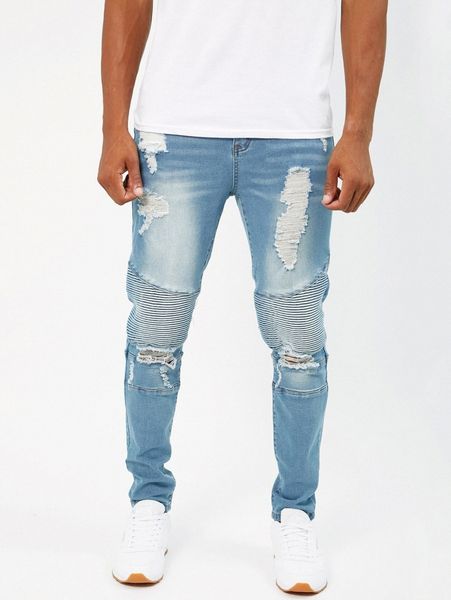 

men washed ripped moto jeans 77u5#, Blue