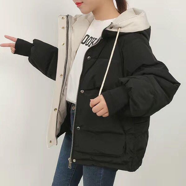 

fashion short winter jacket women casual warm solid hooded parka coat office lady1, Black