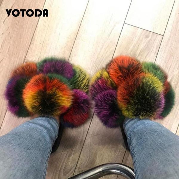 

slippers pom fur for women fluffy real slides furry raccoon sandals ladies cute ball flip flops rainbow shoe1, Black