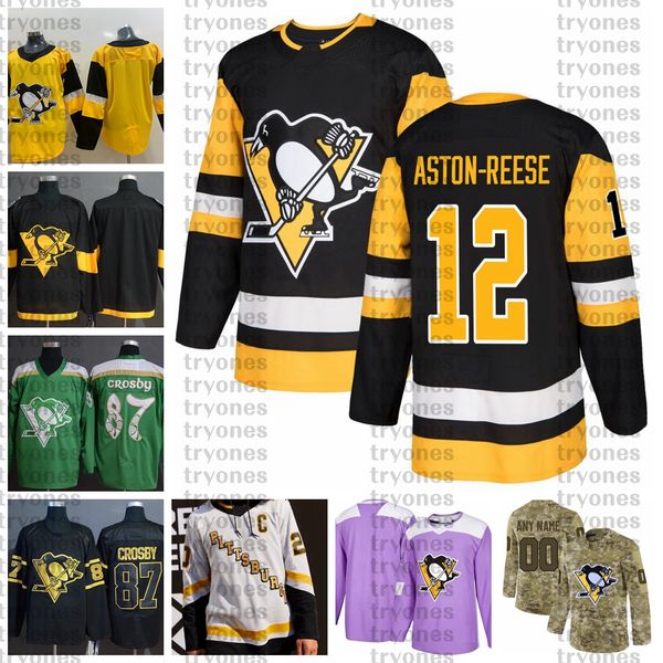 

2021 reverse retro customize #12 zach aston-reese pittsburgh penguins jerseys golden edition camo veterans day fights cancer hockey jersey, Black;red