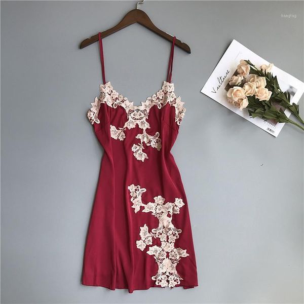 

youest 2020 silk nightgown satin nightwear backless sleepwear1, Black;red