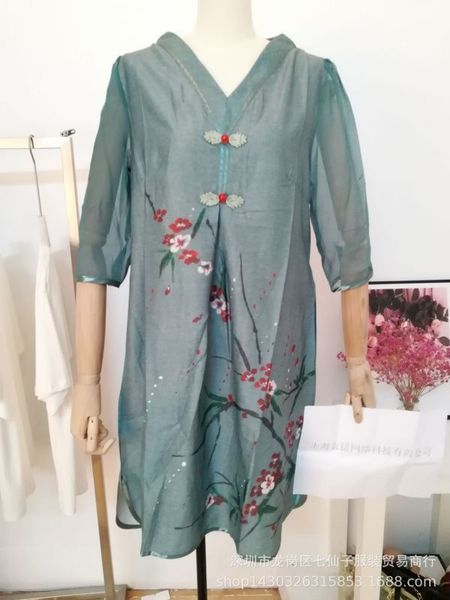 

2020 spring and autumn new style large dress women's middle sleeve v-neck hand painted print a-line skirt, Black;gray