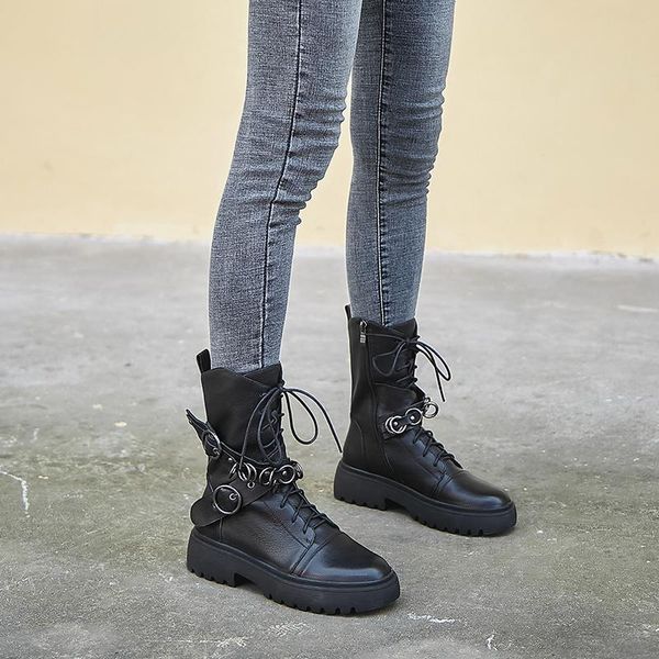 

prova perfetto england style unique design women ankle boots genuine leather low heels metal ring flat black 2020