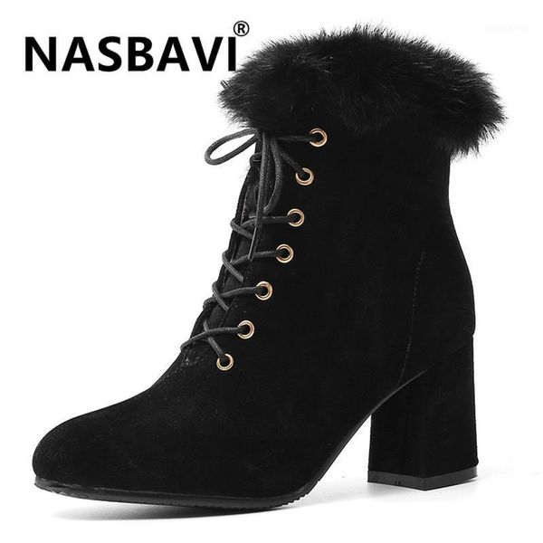 

boots nasbavi 2021 fashion cow suede leather ankle women high heel pointed toe winter lacing woman boot1, Black