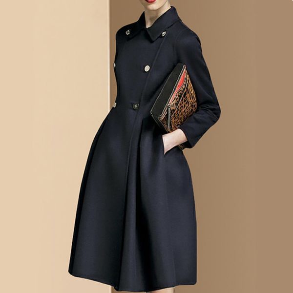 

woolen coat women's waistband hepburn new korean slim dress medium length british style, Black