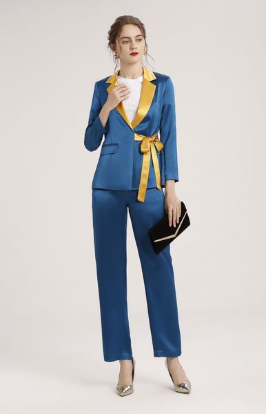 

fall 2021 new, designer's color contrast suit with belt back split upper leg suit, White