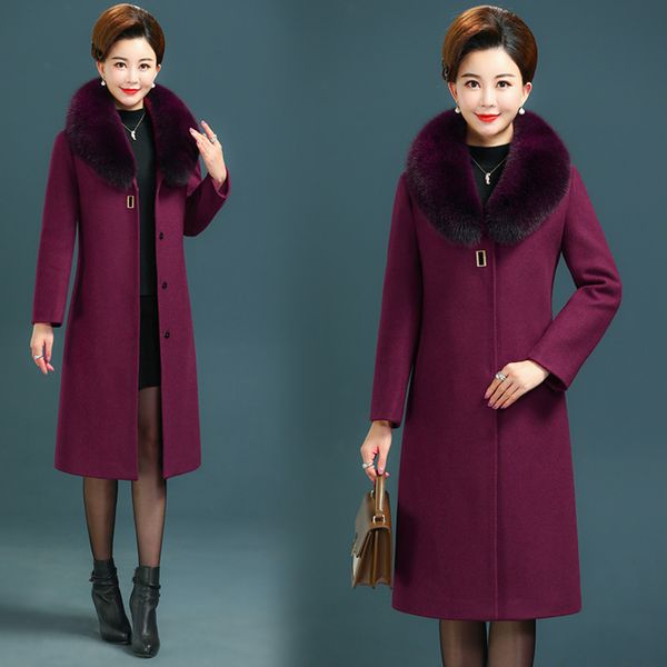 

overcoat middle-aged women's 2020 autumn winter mother's woolen mid-long casual big fur collar cashmere coat female e122, Black