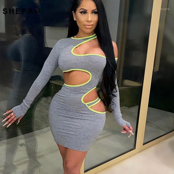 

women hollow out mini dress long sleeve one shoulder irregual slim autumn bodycon dress for club wear short party dresses1, Black;gray