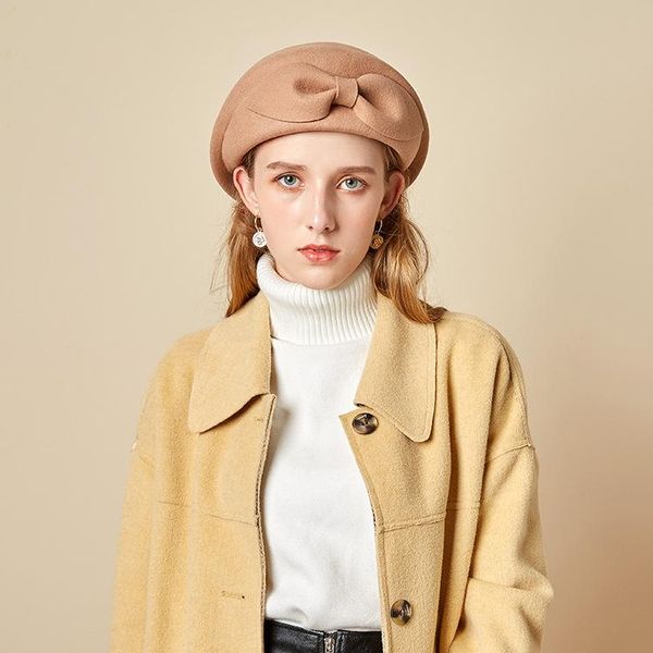 

new style hat female korean stereotyped felt hat woolen beret elegant pure color bow boinas para sombreros de mujer casquette, Blue;gray