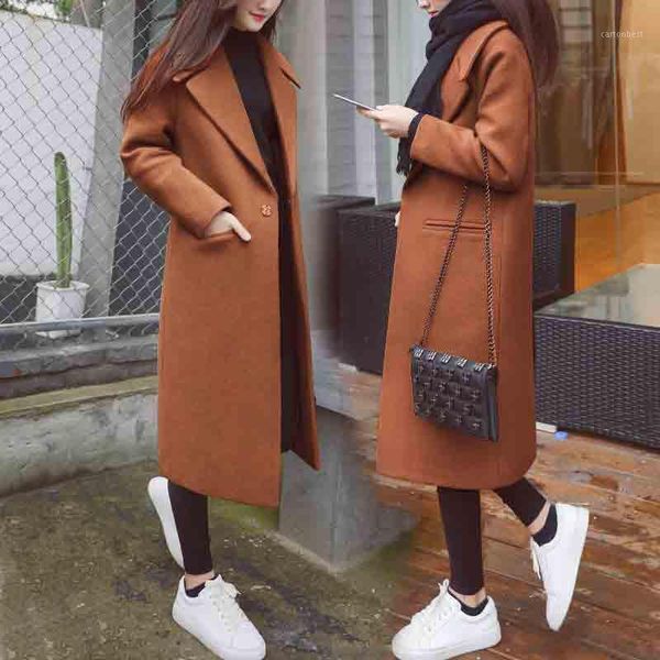 Mordilhões de lã feminina casaco preto longo outono e inverno trincheira de lã vire para baixo coleira estilo de faculdade mulher parkas casual formal 20211