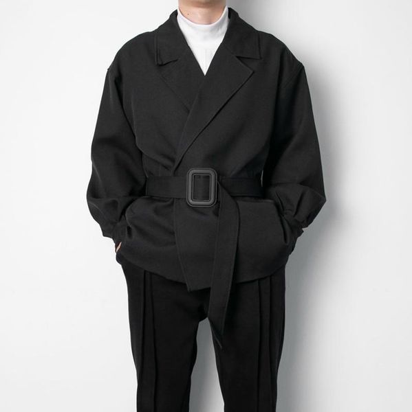 

2021 autumn/winter new style short belt decoration loose windbreaker coat male1, Tan;black