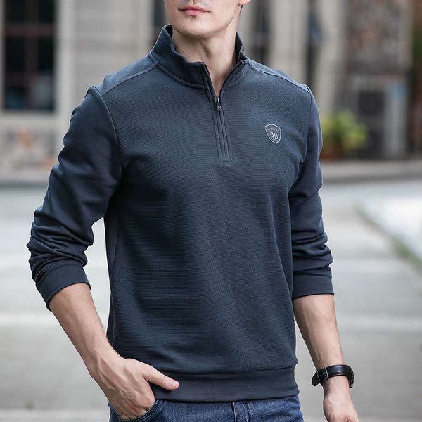 

middle aged men's long sleeve t-shirt autumn and winter sports polo thick plush father's cotton half high zipper sweater, Black