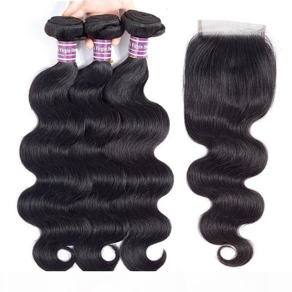 

10a grade brazilian virgin hair bundles with closures body wave human hair wet wavy bundles with closure remy human hair weave wholesale, Black
