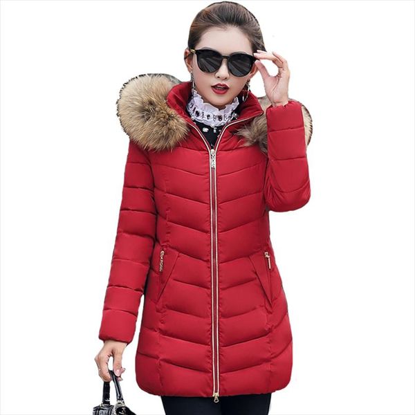 

winter warm down jackets women long parka hooded coat fake raccoon large fur collar lady cotton padded outerwear plus size 6xl, Black