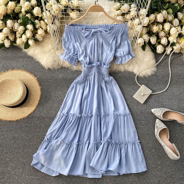 

2021 new singiny off the shoulder dressed slash neck puff elastic ruched summer elegant line frilly dress short eovp, Black;gray