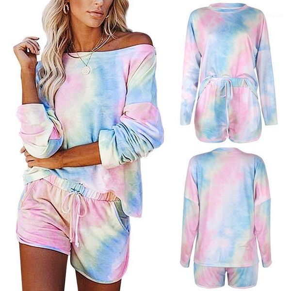 

women's fashion tie dye printed long sleeve casual homewear suit blue1, Gray