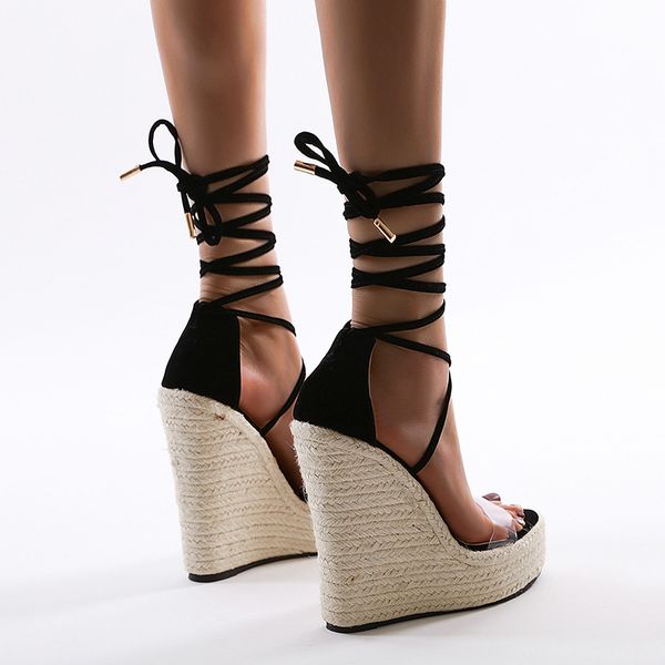 

new style women's shoes european and american wedge woven simple high-heeled sandals with straps zga60-129, Black