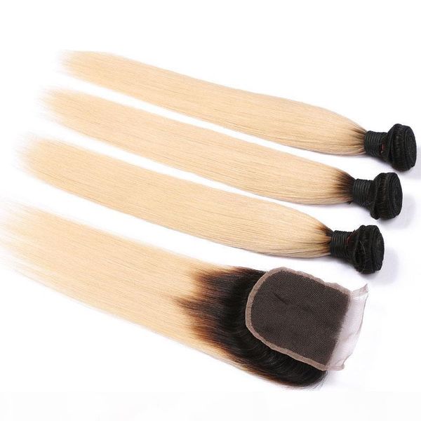 

1b 613 honey blonde brazilian straight remy human hair 3 bundles with lace closure,black and blonde ombre bundles with closure, Black;brown