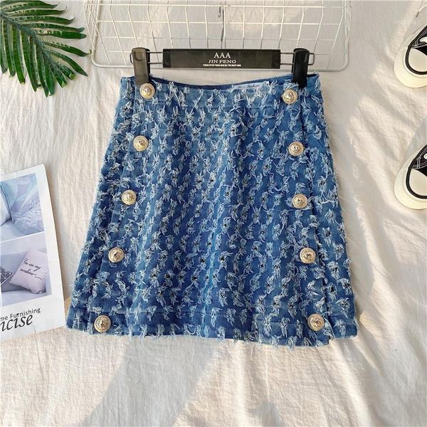 

women a-line denim skirts high waist double breasted of metal slim short skirt 2020 new female korean print half-length skirts1, Black