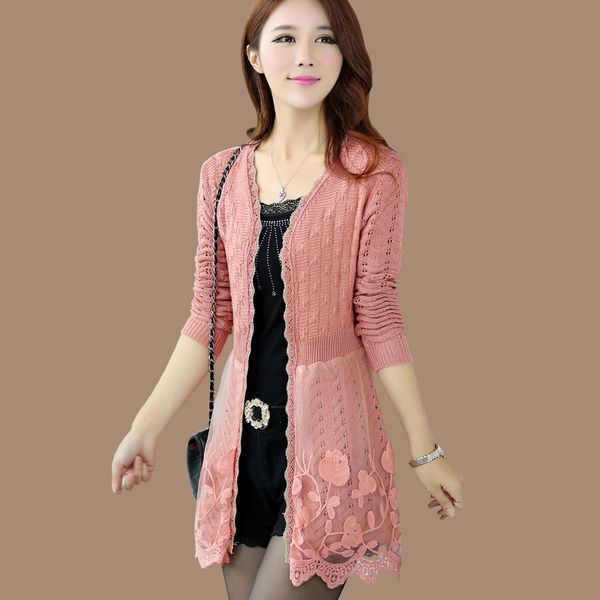 

women knit cardigan sweater casual elegant fashion slim solid color long sleeve lace long cardigan female outwear jacket c1120, White;black