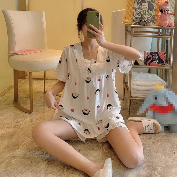 

pajamas women's summer thin short-sleeved cotton spring and autumn cute leisure two piece suit1, Black;red