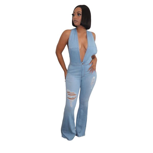 

16016 selling women's jeans with holes and thin suspenders, Blue