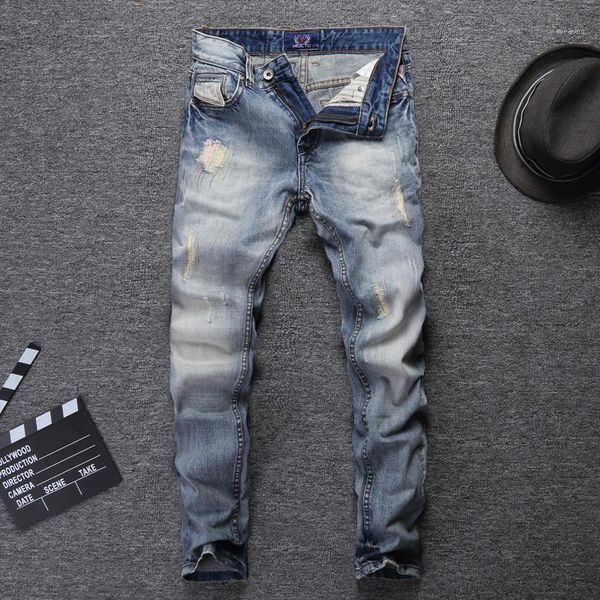 

classical fashion streetwear men jeans light blue color embroidery patchwork ripped jeans for men slim fit hip hop homme1