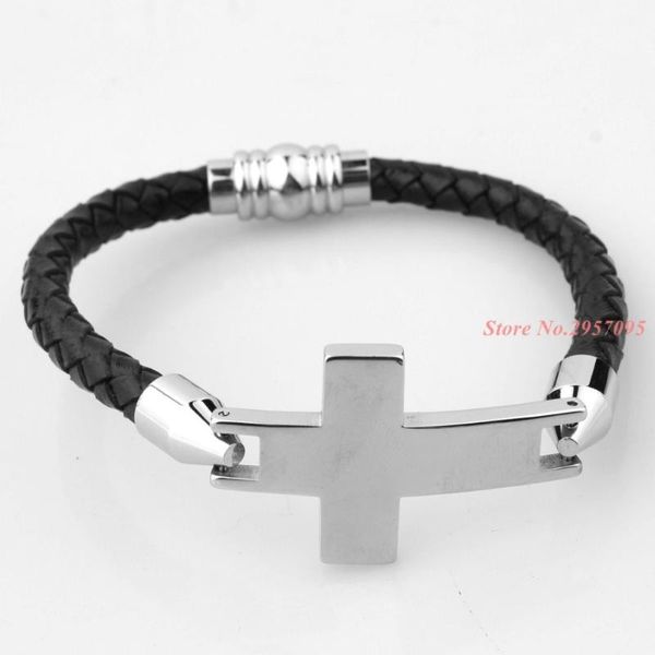 

link, chain men jewelry black leather bracelet hand vintage accessories cross design stainless steel clasps male