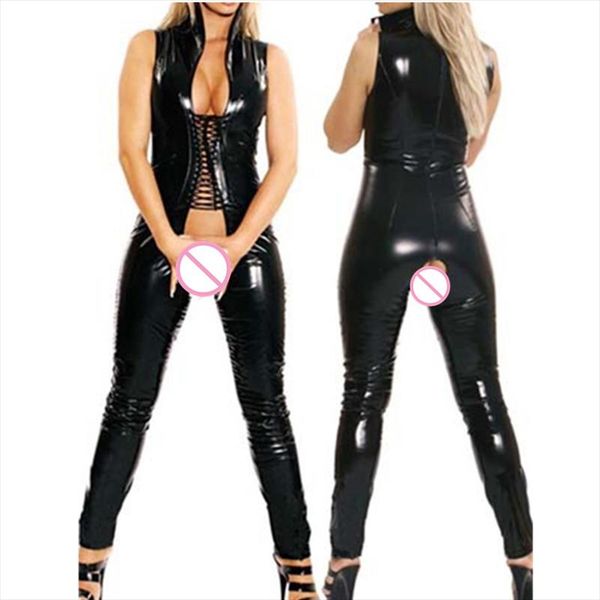 

new women costumes black faux leather latex catsuit clubwear open crotch bodysuit fetish bondage harness costumes m7186, Black;white
