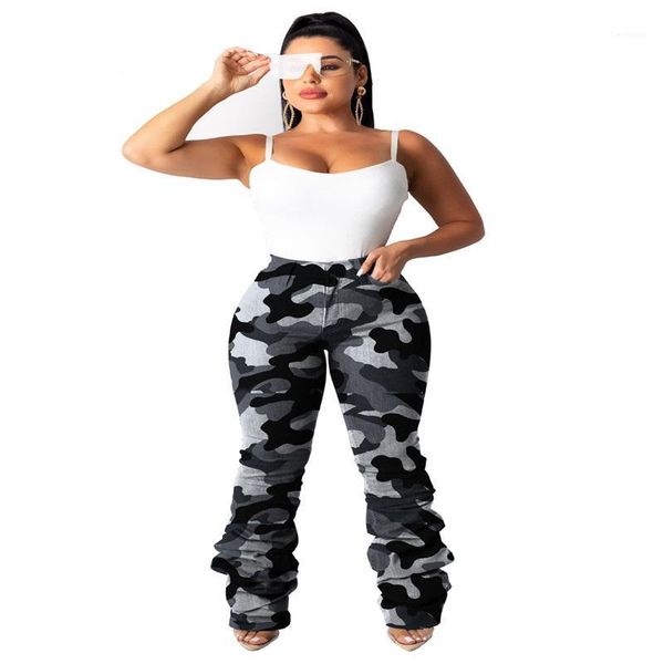 

camouflage print pleated long jeans lady high waist slim pencil pants casual fashion jeans1, Blue