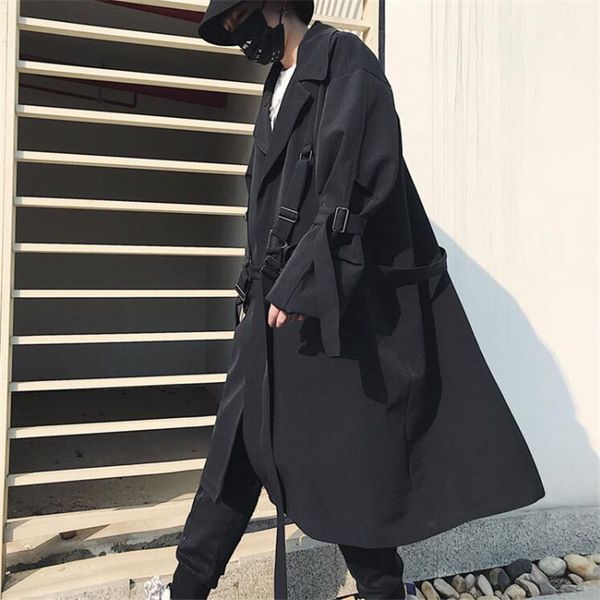 

2020 new high-street punk hip hop tape loose trench coat spring fall men streetwear jacket, Tan;black