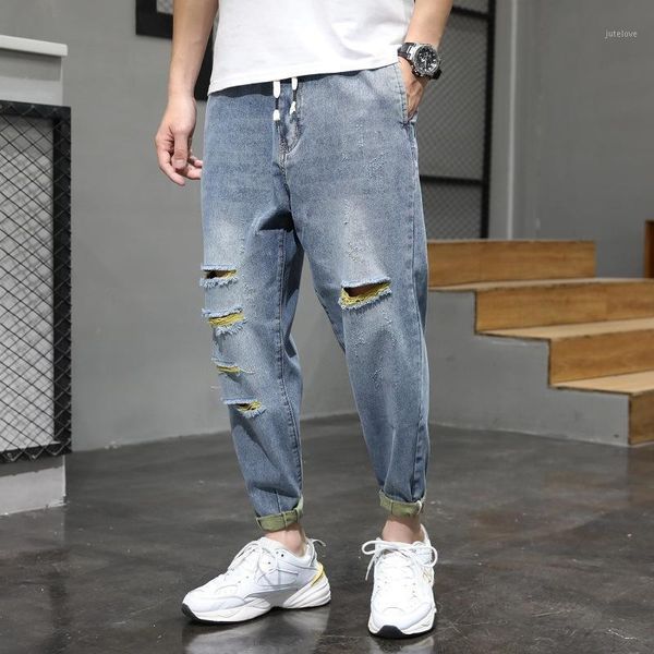 

japanese jeans hole in nine minutes of pants men's summer thin men and mast yards loose haroun pants men's trousers1, Blue