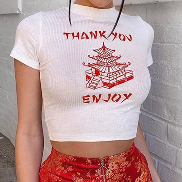 

women crop thank you letter print camis tanks short sleeve o-neck short slim womens cropped camisoles, White