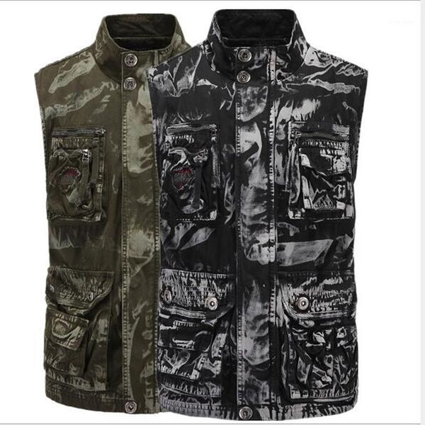 

classic vest men's loose waistcoat vests multi pocket coats sleeveless jackets men outerwear outer 1, Black;white