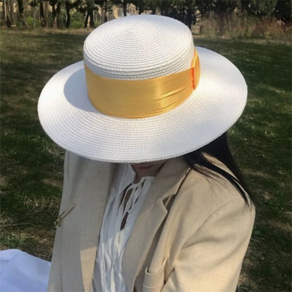 Bianco Donna Treccia Cappello di paglia Grande nastro Fedora a tesa larga Abito da donna Derby Paglietta di paglia Cappello da sole Berretto da spiaggia estivo Berretto da marinaio Trilby Y200714