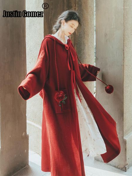 

chic design chinese style vintage trench coat floral embroidery retro looes coat with hood female spring and autumn long trench1, Tan;black