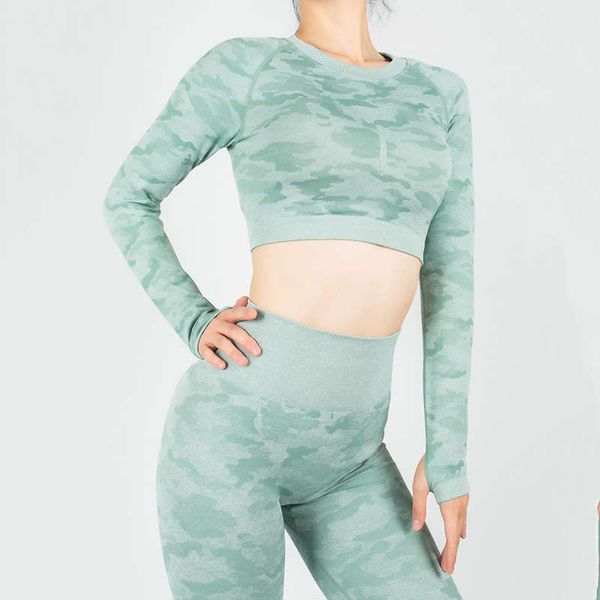 

new sportswear women's fitness wear high elastic speed dry camouflage seamless hollow out long sleeve pants yoga suit, Gray