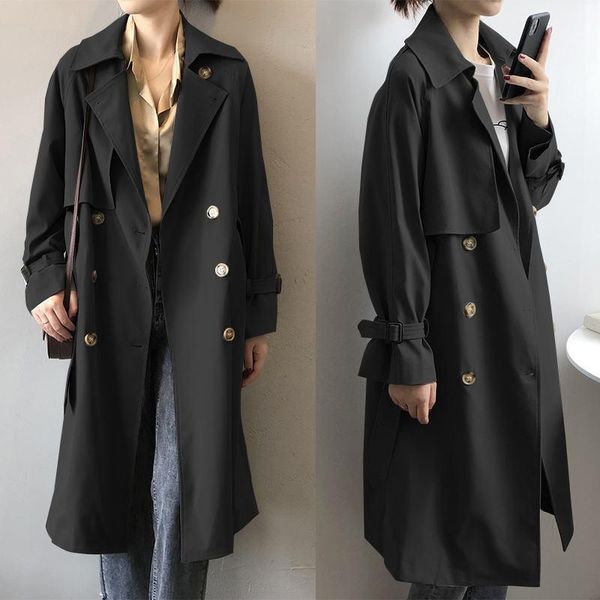 

casual loose buttons windbreaker fashion lapel neck solid long jackets 2021 zanzea women autumn trench coats chaqueta plus size1, Tan;black