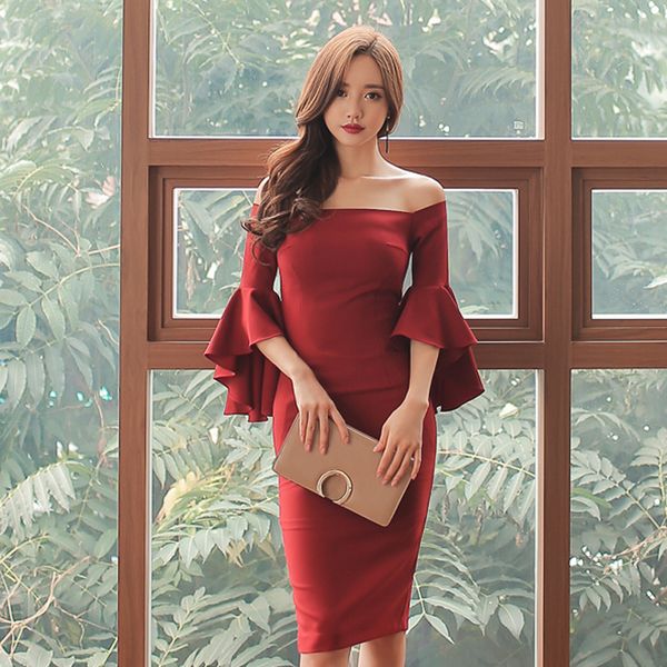 

spring and autumn fashion womens wear socialite dress off-neck off-the-shoulder flared sleeves slim fit temperament red sheath dress, White;black